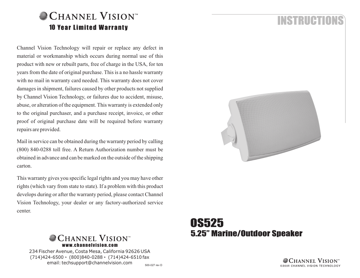 Channel Vision OS525 User Manual | 2 pages