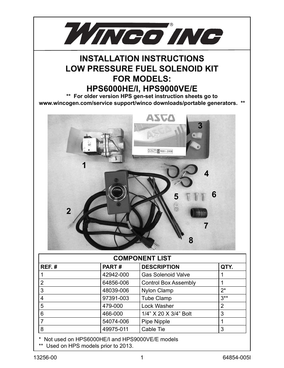 Winco Fuel Shut-Off Solenoid Kit HPS6000HE/I & HPS9000VE/E (2013) User Manual | 4 pages