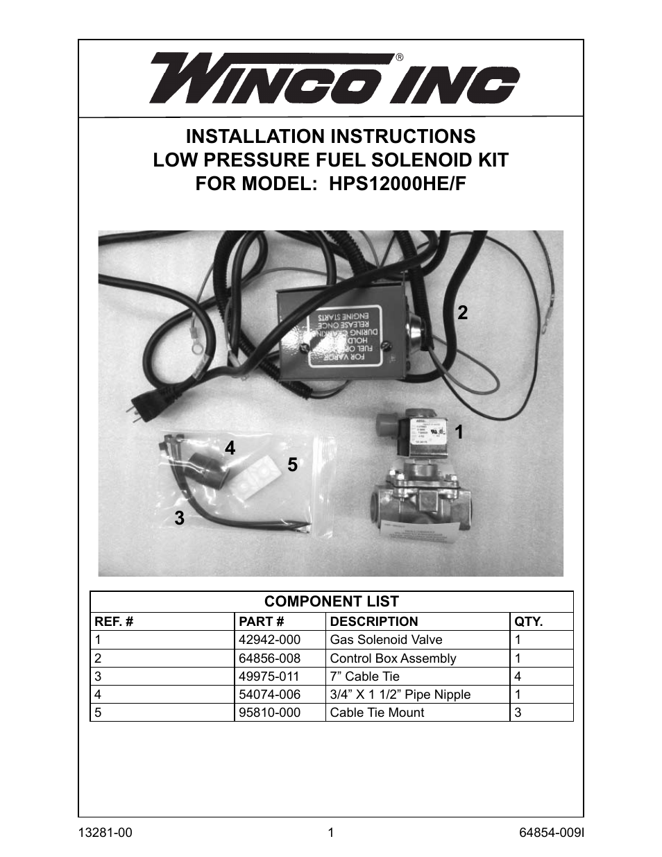 Winco Fuel Shut-Off Solenoid Kit HPS12000HE/F (2013) User Manual | 4 pages