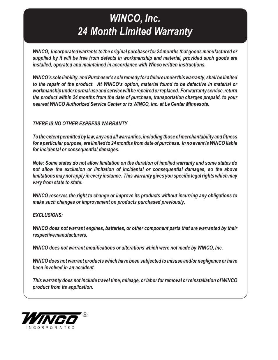 Winco, inc. 24 month limited warranty | Winco HD6010DEX/P User Manual | Page 12 / 12