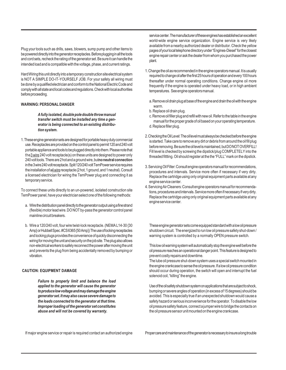 Low oil level shutdown system, Generator care, Wiring | Engine care | Winco HD6010DEX/P User Manual | Page 8 / 12