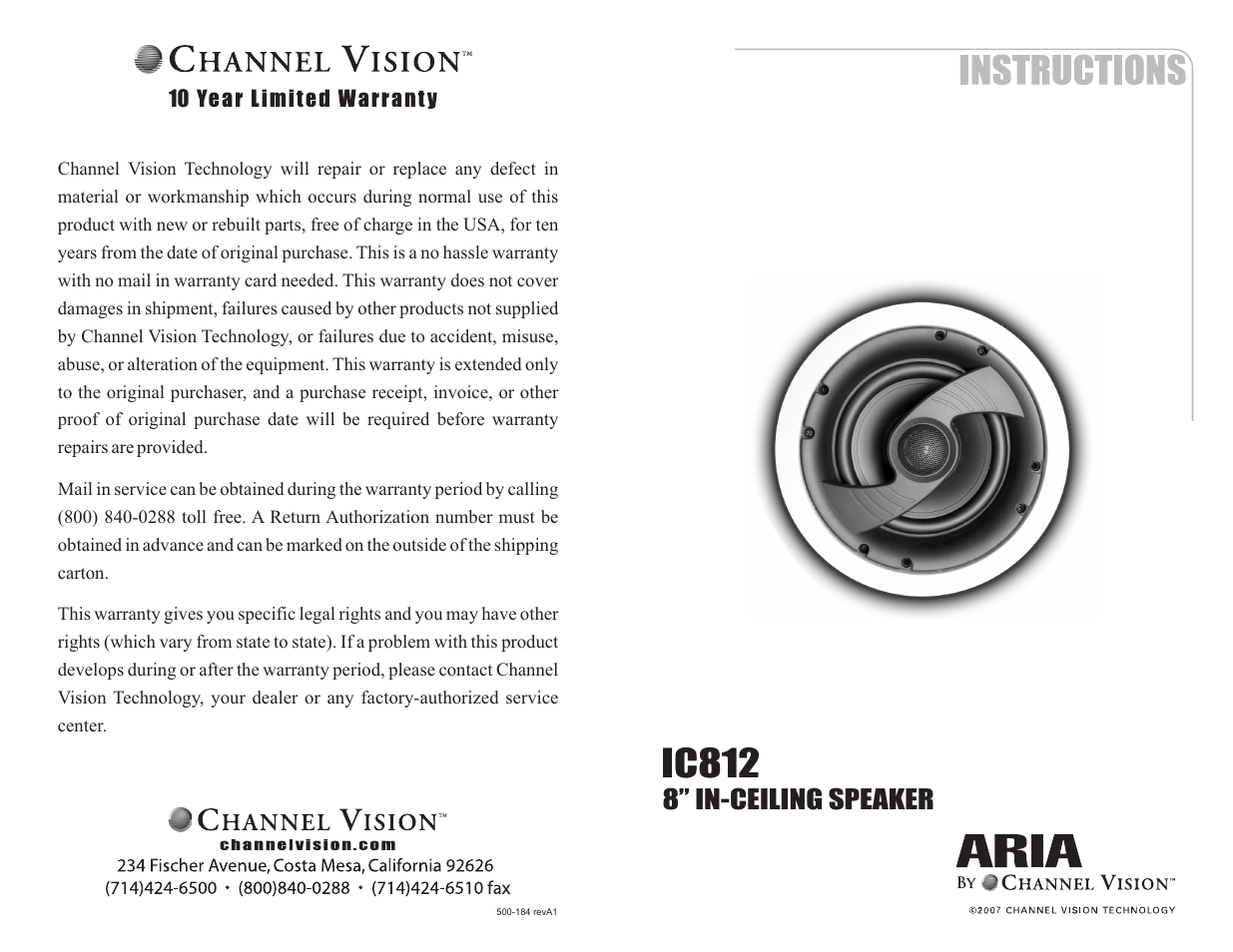 Channel Vision IC812 User Manual | 2 pages