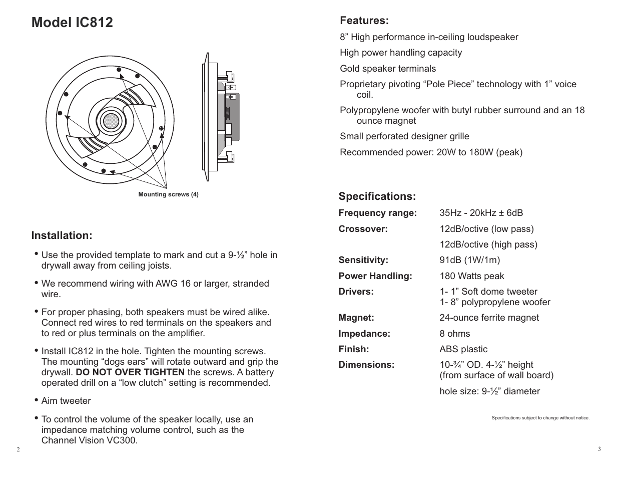 Model ic812 | Channel Vision IC812 User Manual | Page 2 / 2