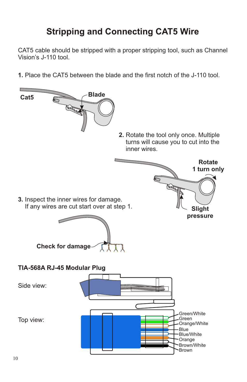 Stripping and connecting cat5 wire, Troubleshooting | Channel Vision 2-Door Telephone Entry Controller P-0921 User Manual | Page 10 / 12