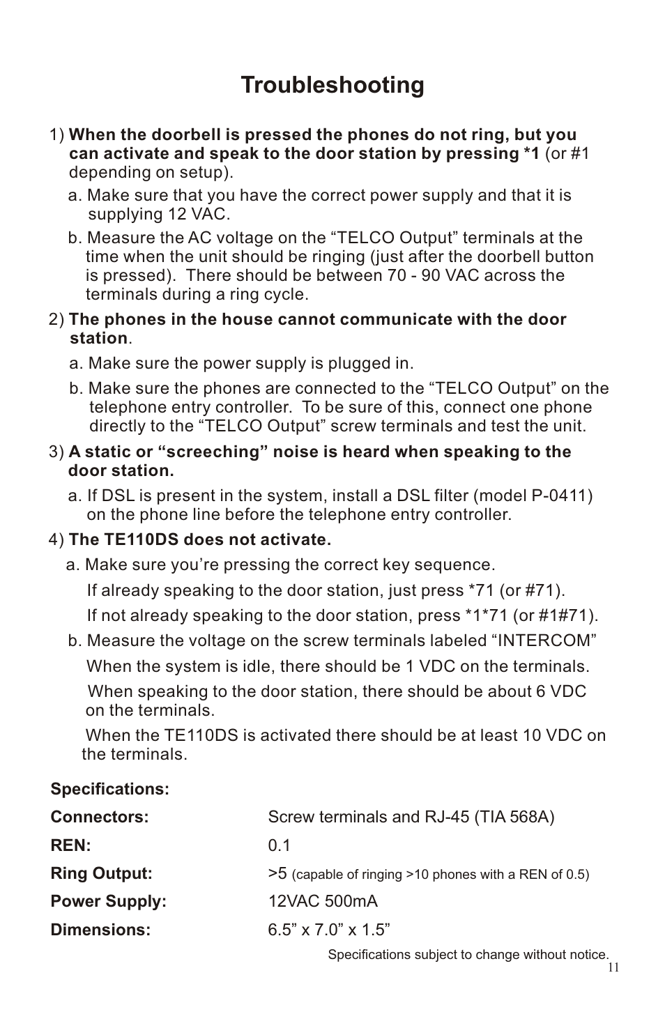 Stripping and connecting cat5 wire, Troubleshooting | Channel Vision 2-Door Telephone Entry Controller P-0921 User Manual | Page 11 / 12