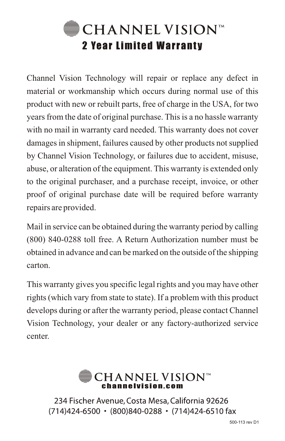 Channel Vision 2-Door Telephone Entry Controller P-0921 User Manual | Page 12 / 12