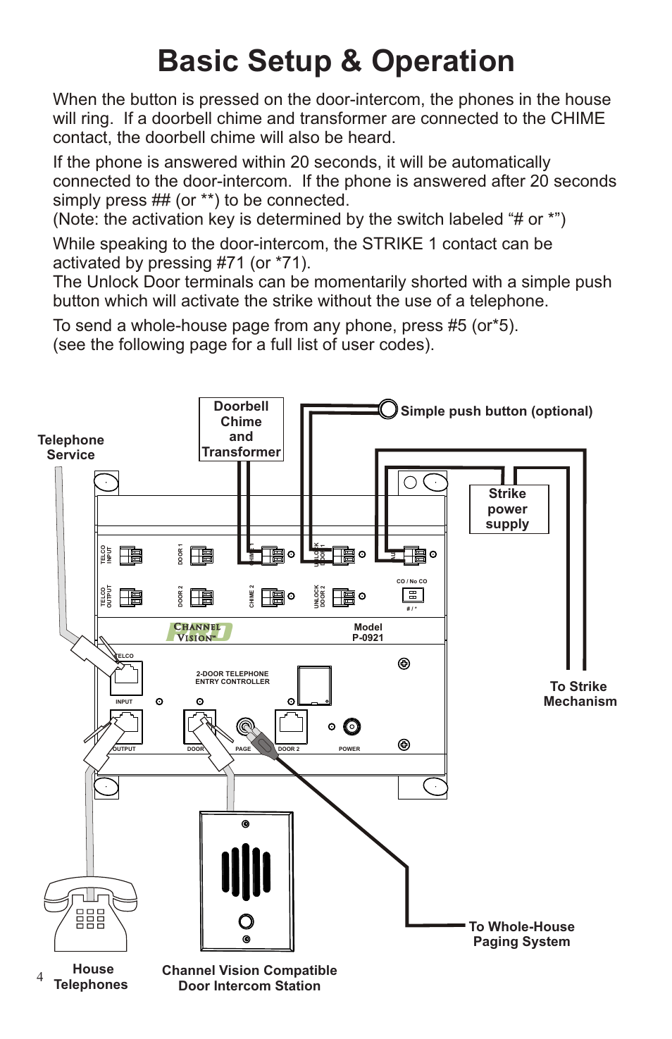 Basic setup & operation, User codes call waiting functions, User codes for p-0921 | Strike power supply to strike mechanism 5, Simple push button (optional) | Channel Vision 2-Door Telephone Entry Controller P-0921 User Manual | Page 4 / 12