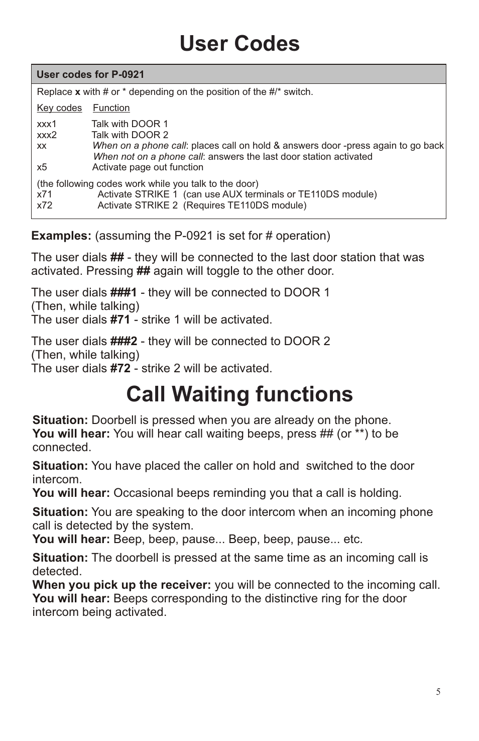 Basic setup & operation, User codes call waiting functions, User codes for p-0921 | Strike power supply to strike mechanism 5, Simple push button (optional) | Channel Vision 2-Door Telephone Entry Controller P-0921 User Manual | Page 5 / 12
