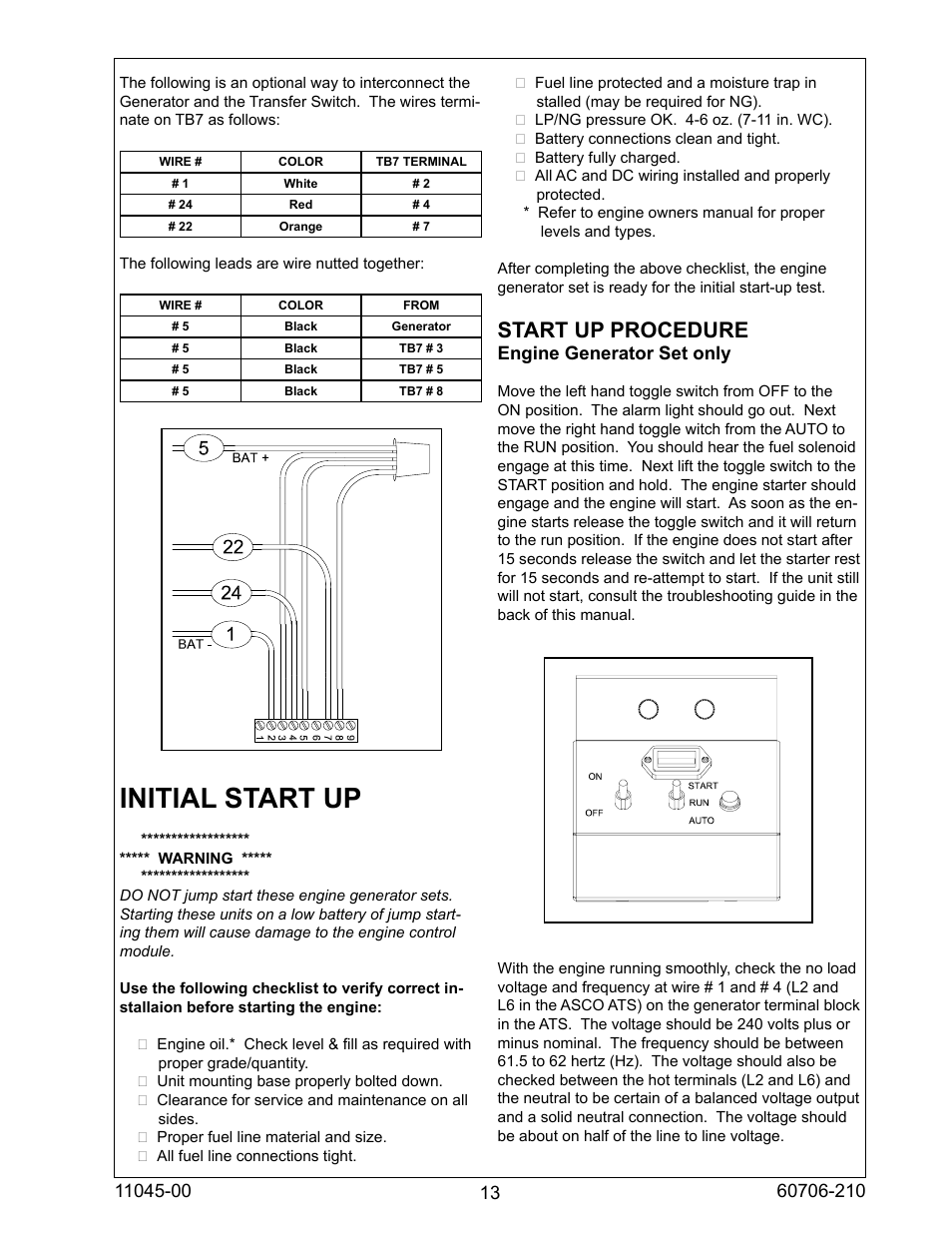 Initial start up, Start up procedure, Engine generator set only | Winco ULPSS8B4W/E User Manual | Page 13 / 24