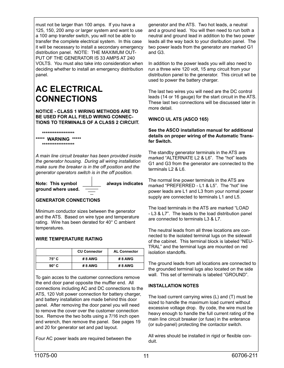 Ac electrical connections | Winco ULPSS8B2W/E User Manual | Page 11 / 24