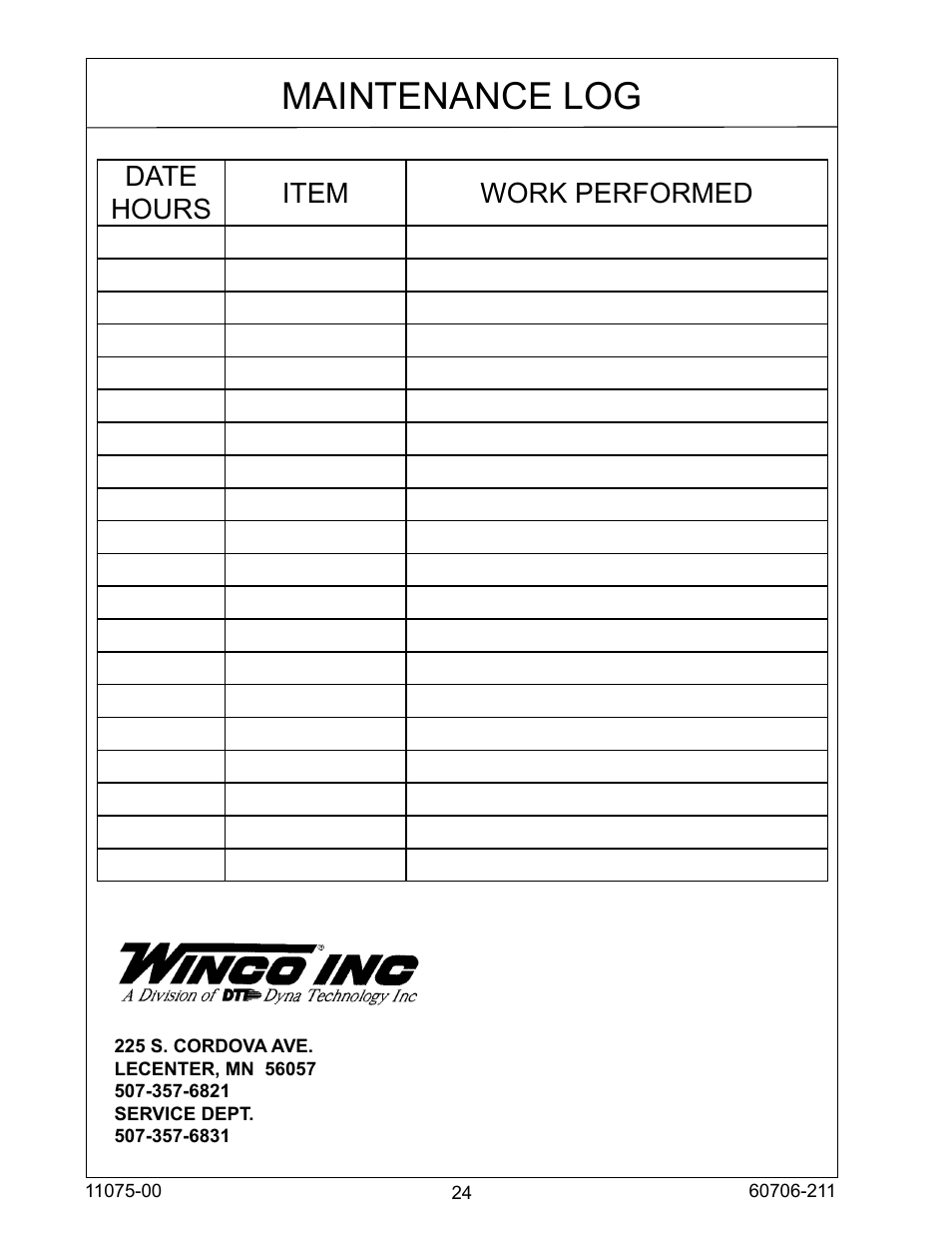 Maintenance log, Date hours item work performed | Winco ULPSS8B2W/E User Manual | Page 24 / 24