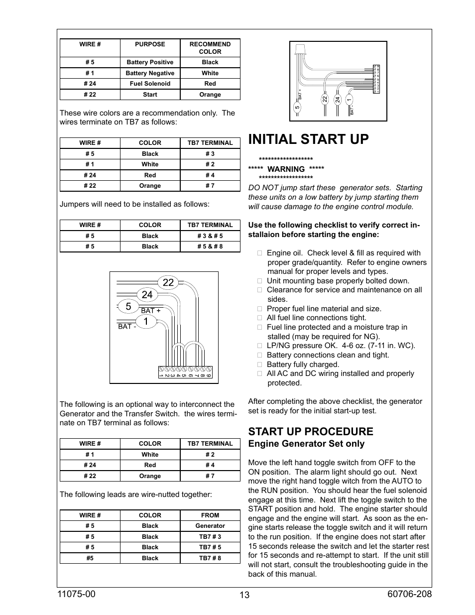 Initial start up, Start up procedure, Engine generator set only | Winco ULPSS12H4W/E User Manual | Page 13 / 24