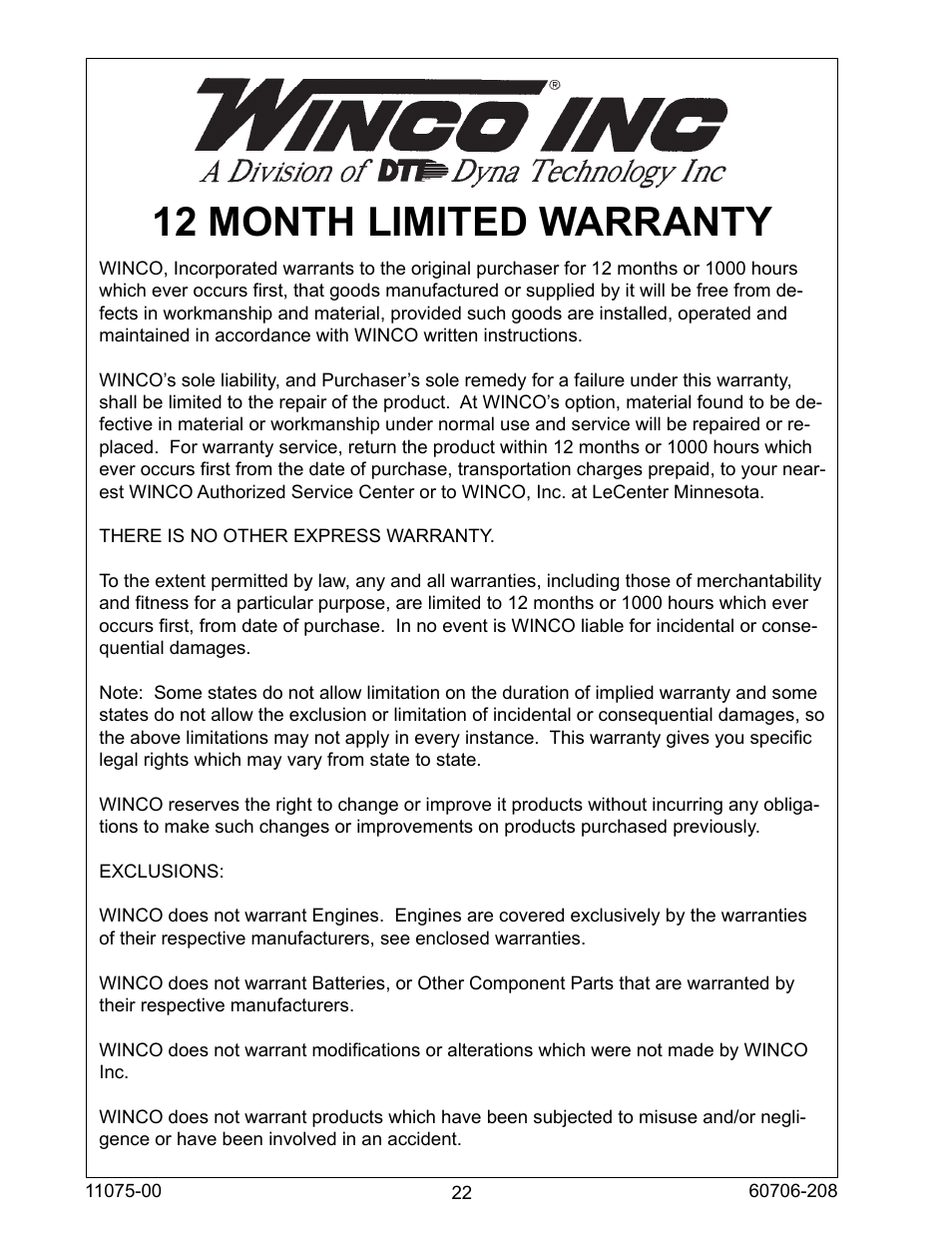 12 month limited warranty | Winco ULPSS12H4W/E User Manual | Page 22 / 24