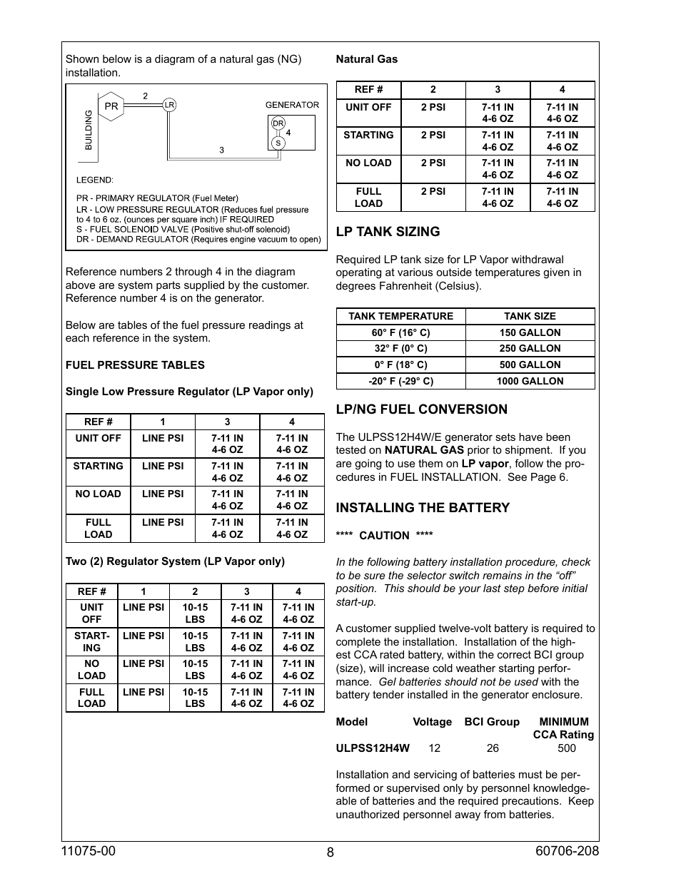 Lp tank sizing, Lp/ng fuel conversion, Installing the battery | Winco ULPSS12H4W/E User Manual | Page 8 / 24