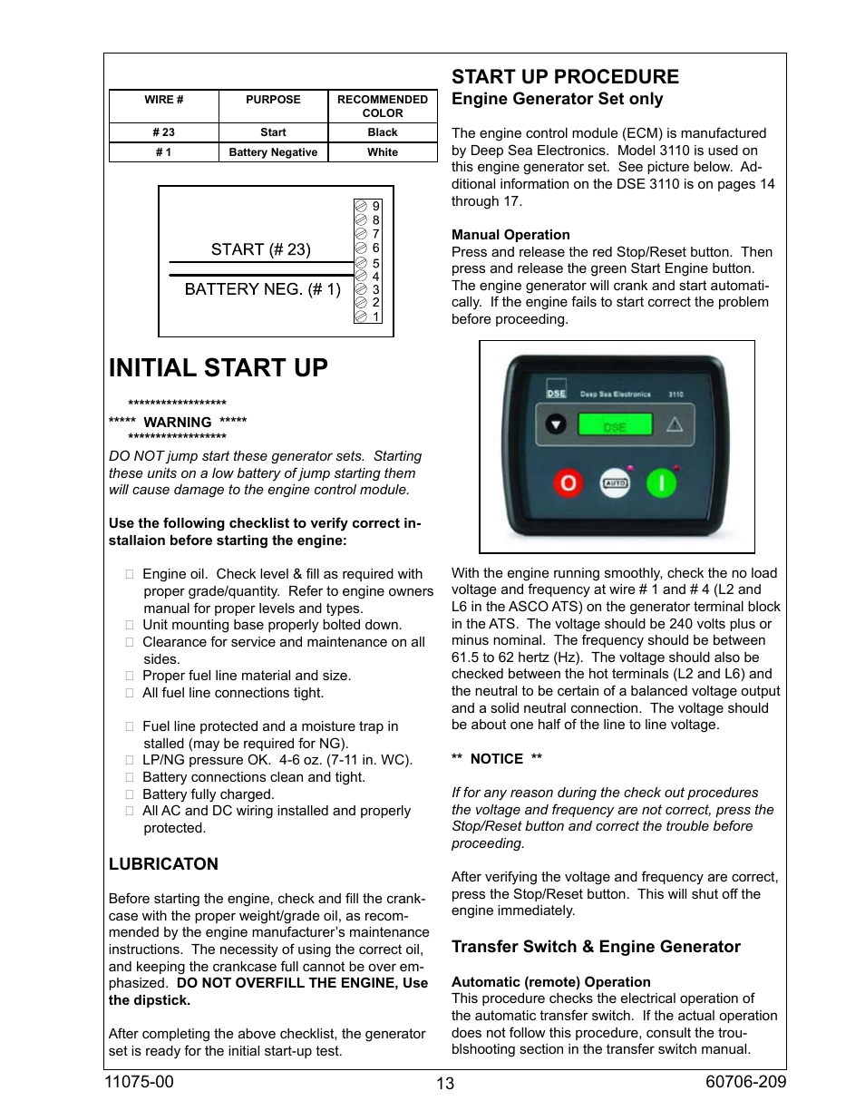 Initial start up, Start up procedure | Winco ULPSS12H2W/E User Manual | Page 13 / 24