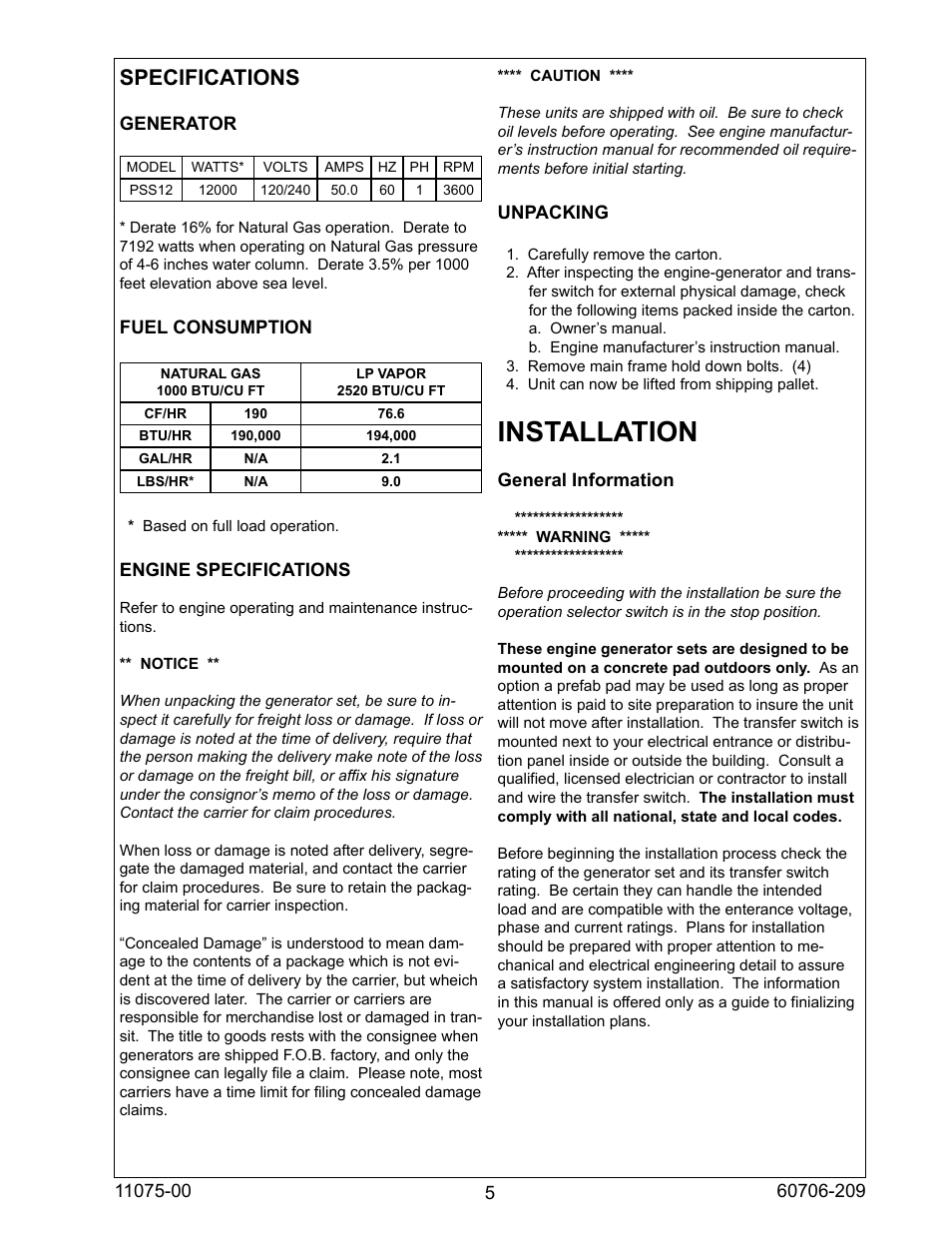 Installation, Specifications | Winco ULPSS12H2W/E User Manual | Page 5 / 24