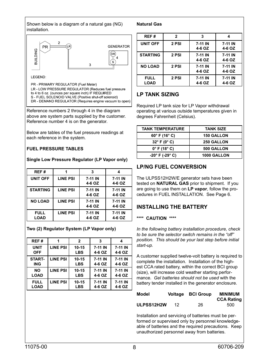 Lp tank sizing, Lp/ng fuel conversion, Installing the battery | Winco ULPSS12H2W/E User Manual | Page 8 / 24