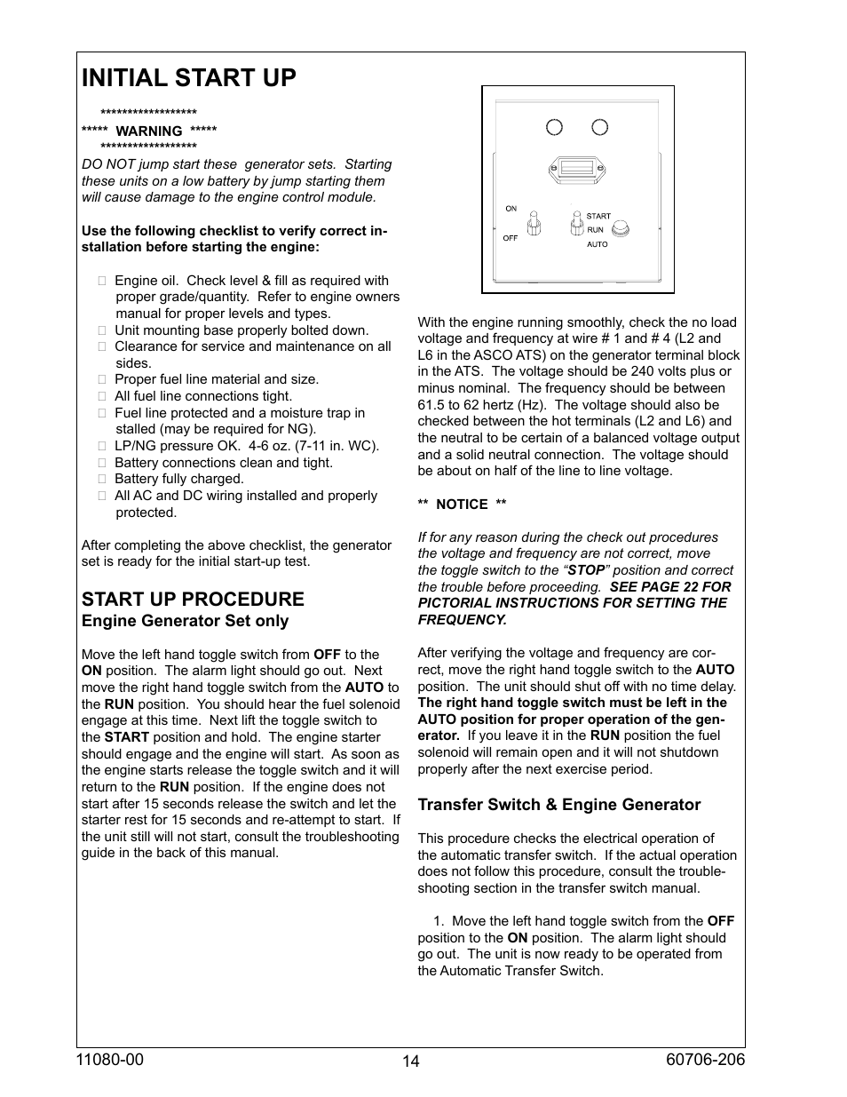 Initial start up, Start up procedure | Winco ULPSS15B4W/E User Manual | Page 14 / 24