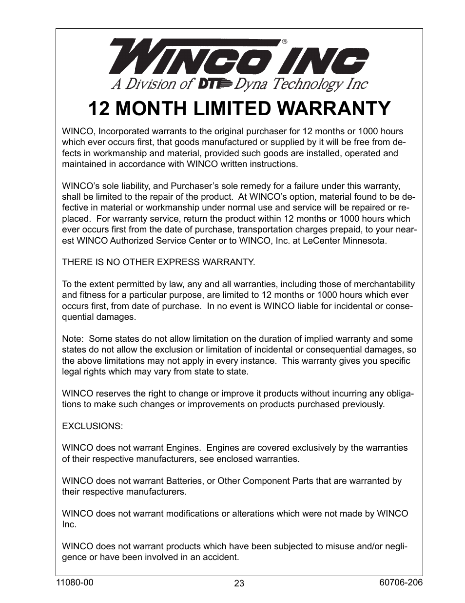 12 month limited warranty | Winco ULPSS15B4W/E User Manual | Page 23 / 24