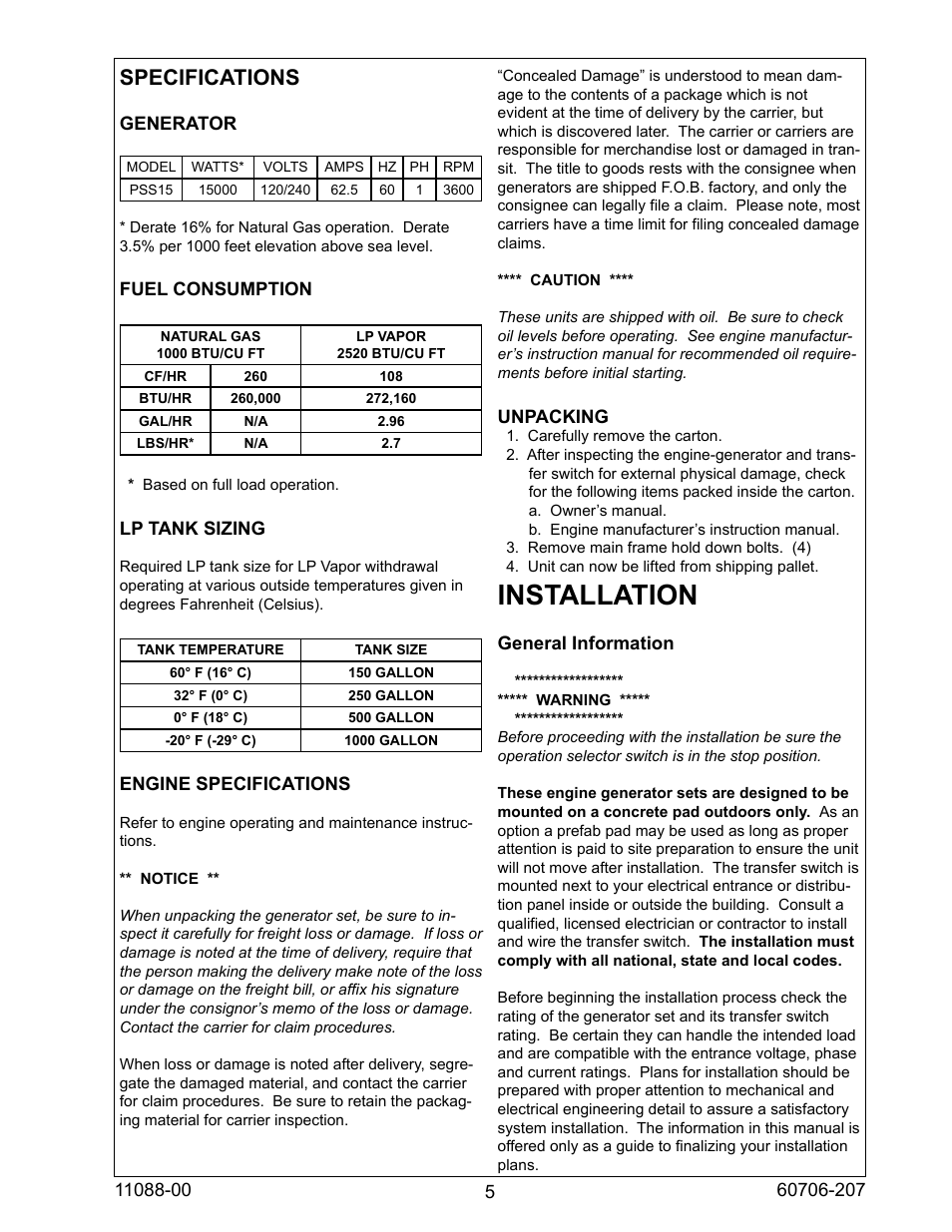 Installation, Specifications | Winco ULPSS15B2W/E User Manual | Page 5 / 28