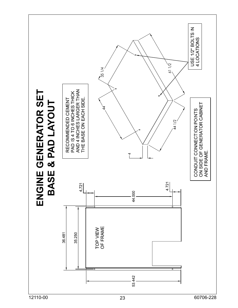 Engine genera tor set base & p ad la yout | Winco ULPSS20B4W/A User Manual | Page 23 / 28