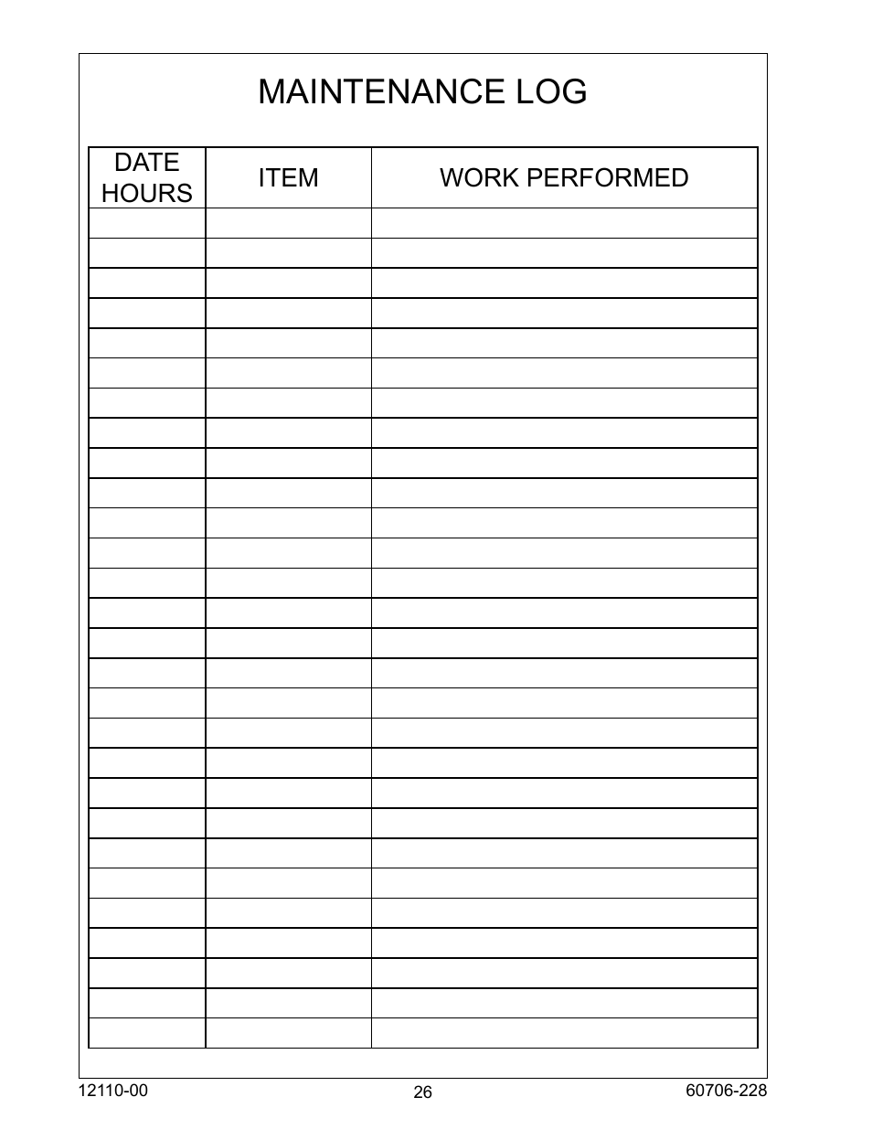 Maintenance log | Winco ULPSS20B4W/A User Manual | Page 26 / 28