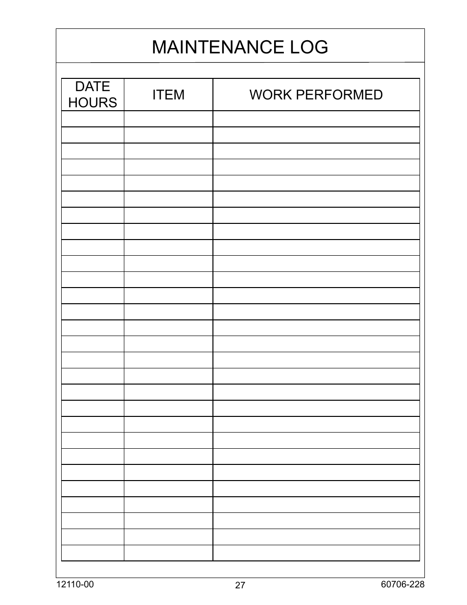 Maintenance log | Winco ULPSS20B4W/A User Manual | Page 27 / 28