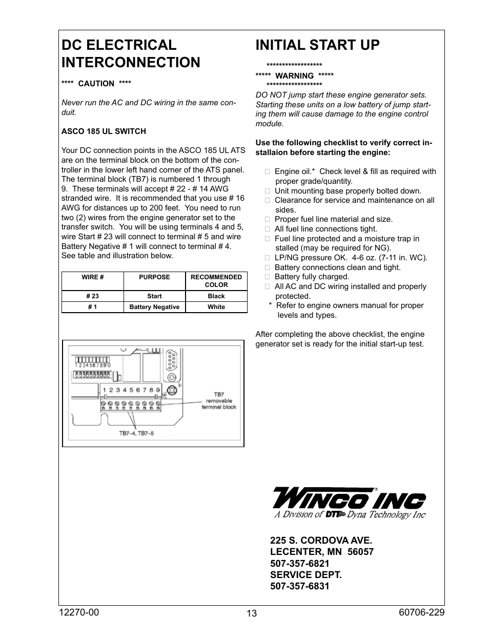 Dc electrical interconnection, Initial start up | Winco ULPSS20B2W/A User Manual | Page 13 / 28