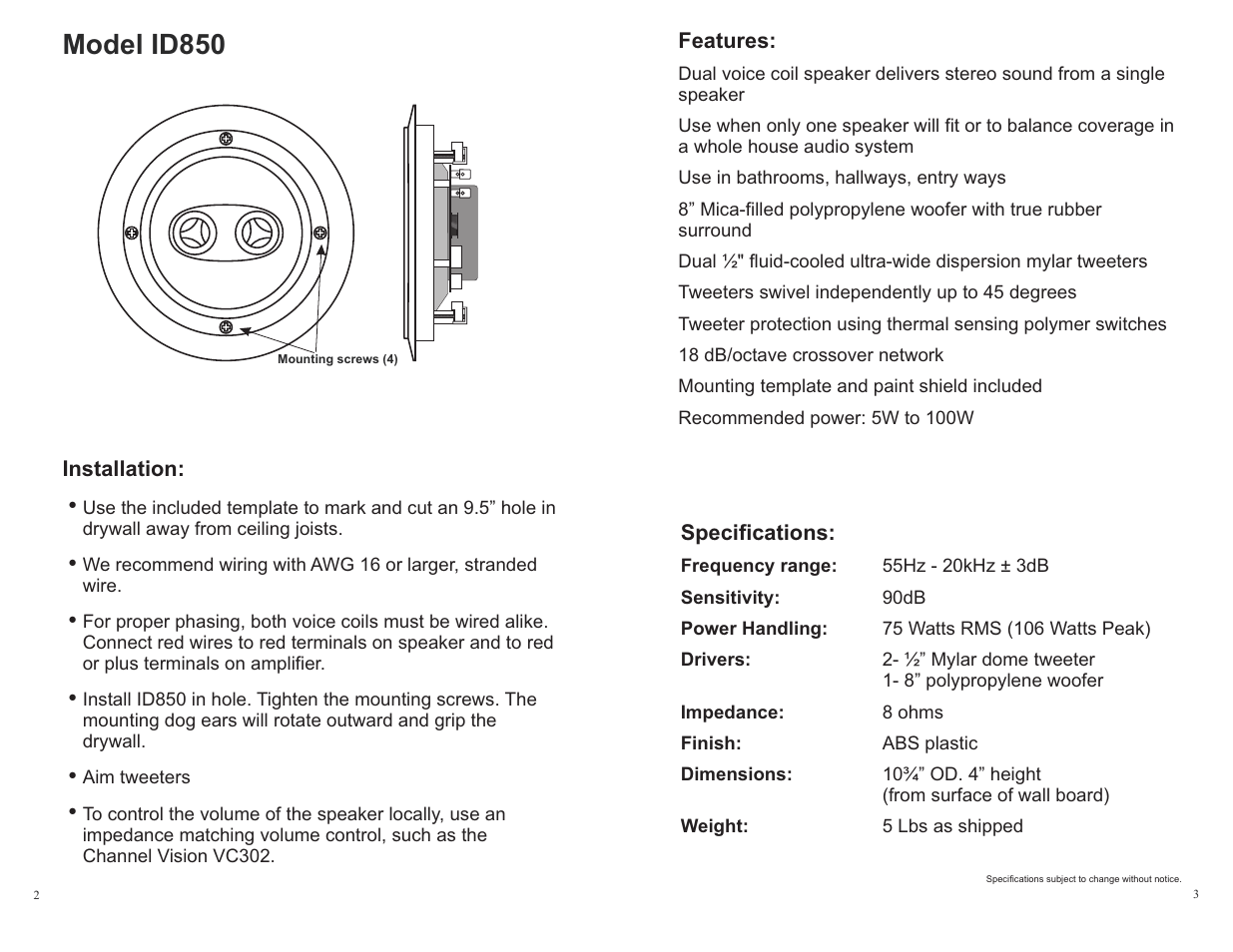 Model id850 | Channel Vision ID850 User Manual | Page 2 / 2