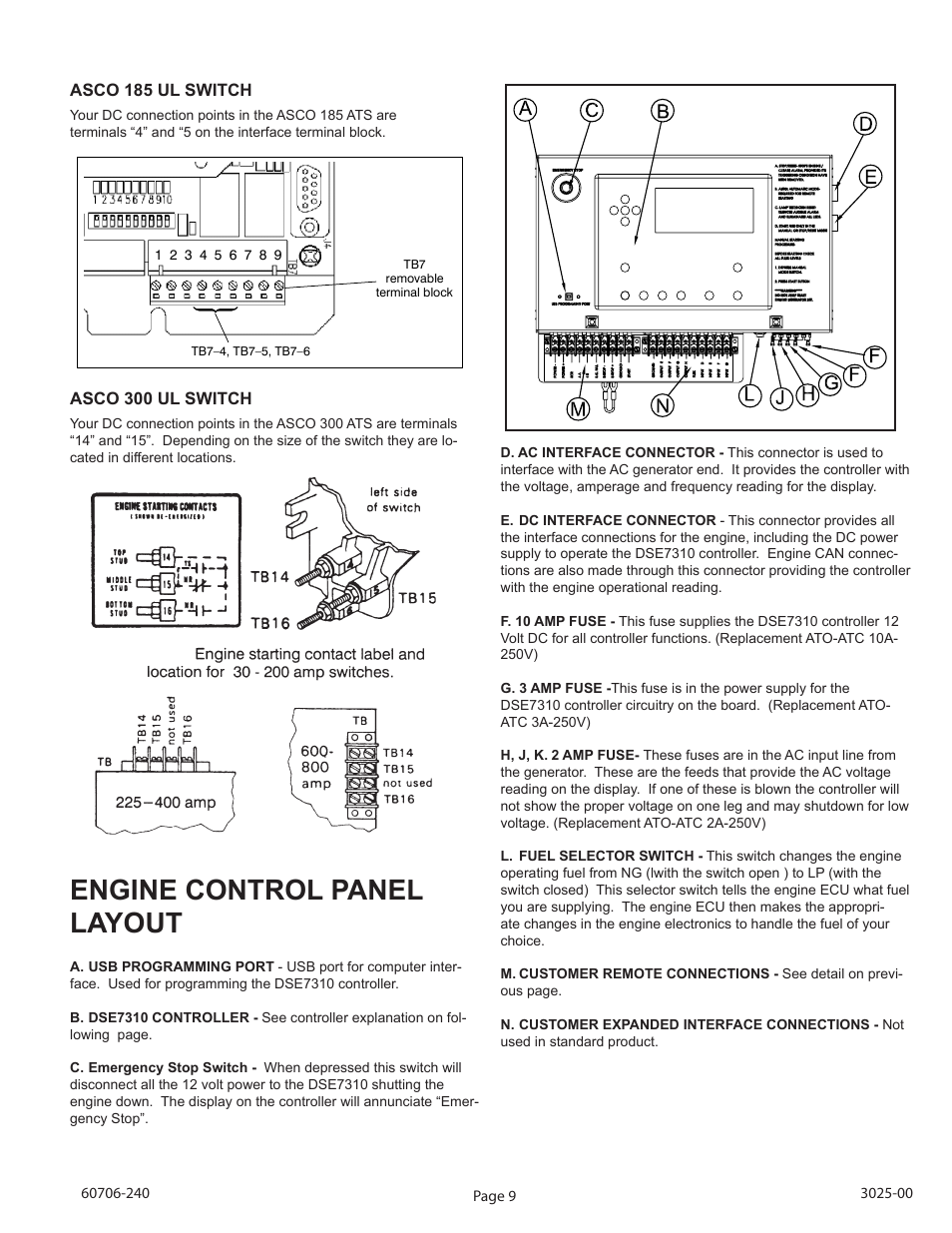 Engine control panel layout, Controller, Table a. generator start connections | 4 --- settings, 5 --- automatic generator exerciser, Clock battery, Exercise with or without load, Table b. generator exercise settings | Winco ULPSS21/E WITH DSE 7310 ENGINE CONTROL User Manual | Page 11 / 20