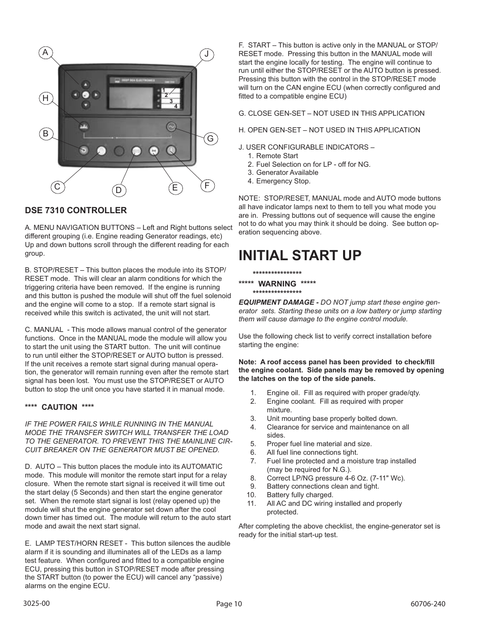 Initial start up, Dse 7310 controller | Winco ULPSS21/E WITH DSE 7310 ENGINE CONTROL User Manual | Page 12 / 20