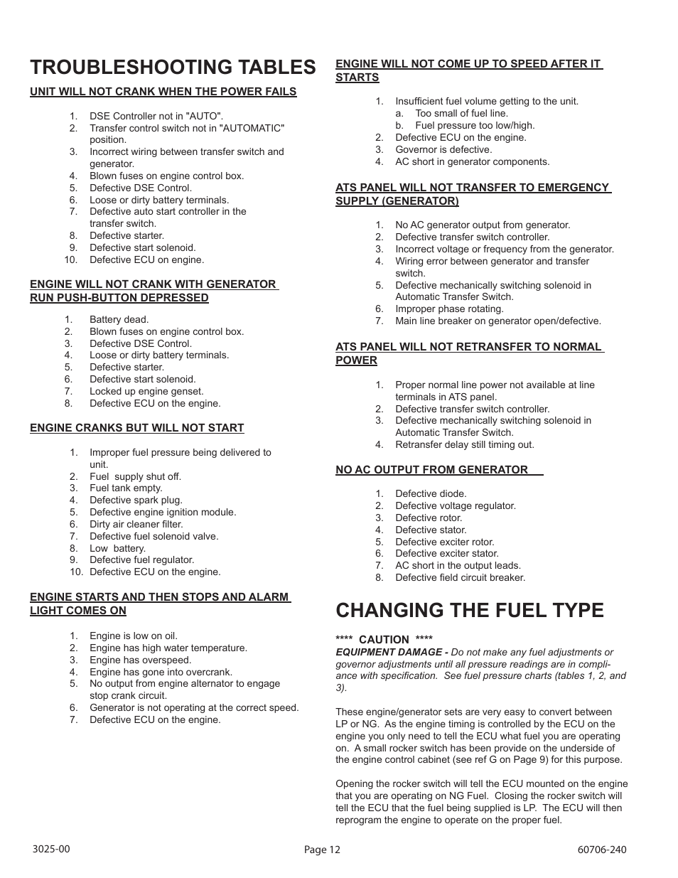 Troubleshooting tables, Changing the fuel type | Winco ULPSS21/E WITH DSE 7310 ENGINE CONTROL User Manual | Page 14 / 20