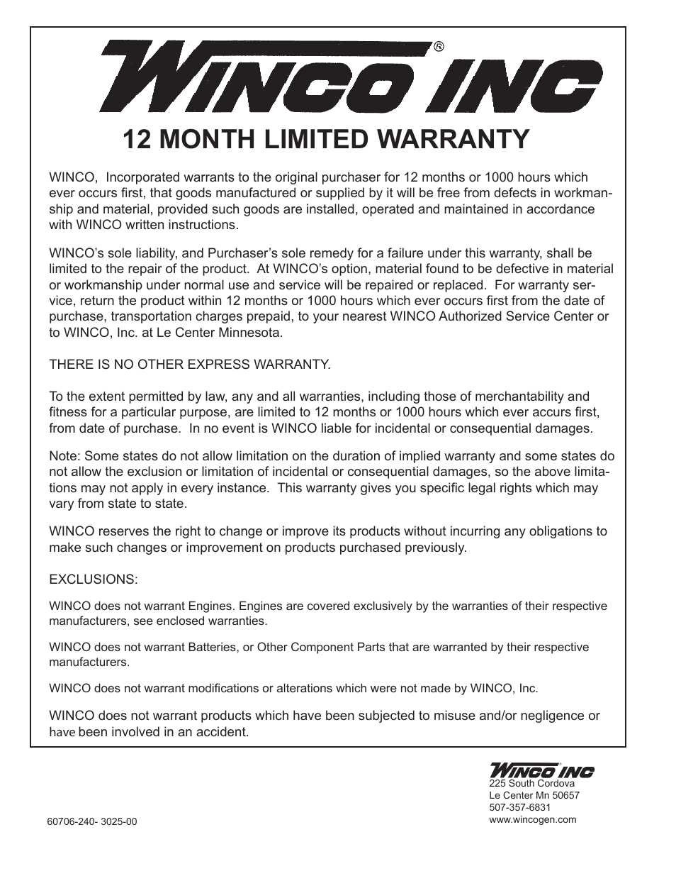 12 month limited warranty | Winco ULPSS21/E WITH DSE 7310 ENGINE CONTROL User Manual | Page 20 / 20