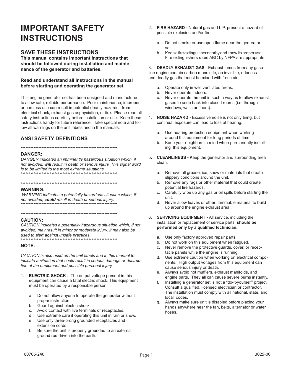 Important safety instructions, Save these instructions | Winco ULPSS21/E WITH DSE 7310 ENGINE CONTROL User Manual | Page 3 / 20