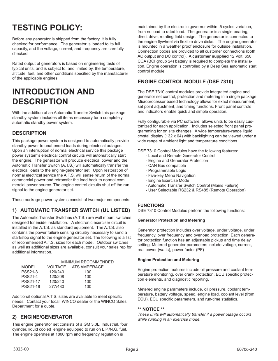 Testing policy, Introduction and description | Winco ULPSS21/E WITH DSE 7310 ENGINE CONTROL User Manual | Page 4 / 20