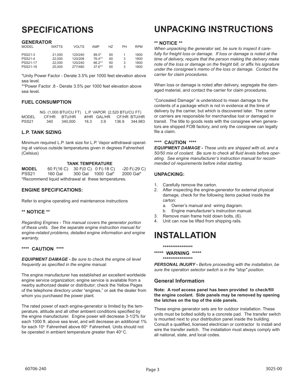 Specifications, Unpacking instructions, Installation | Winco ULPSS21/E WITH DSE 7310 ENGINE CONTROL User Manual | Page 5 / 20