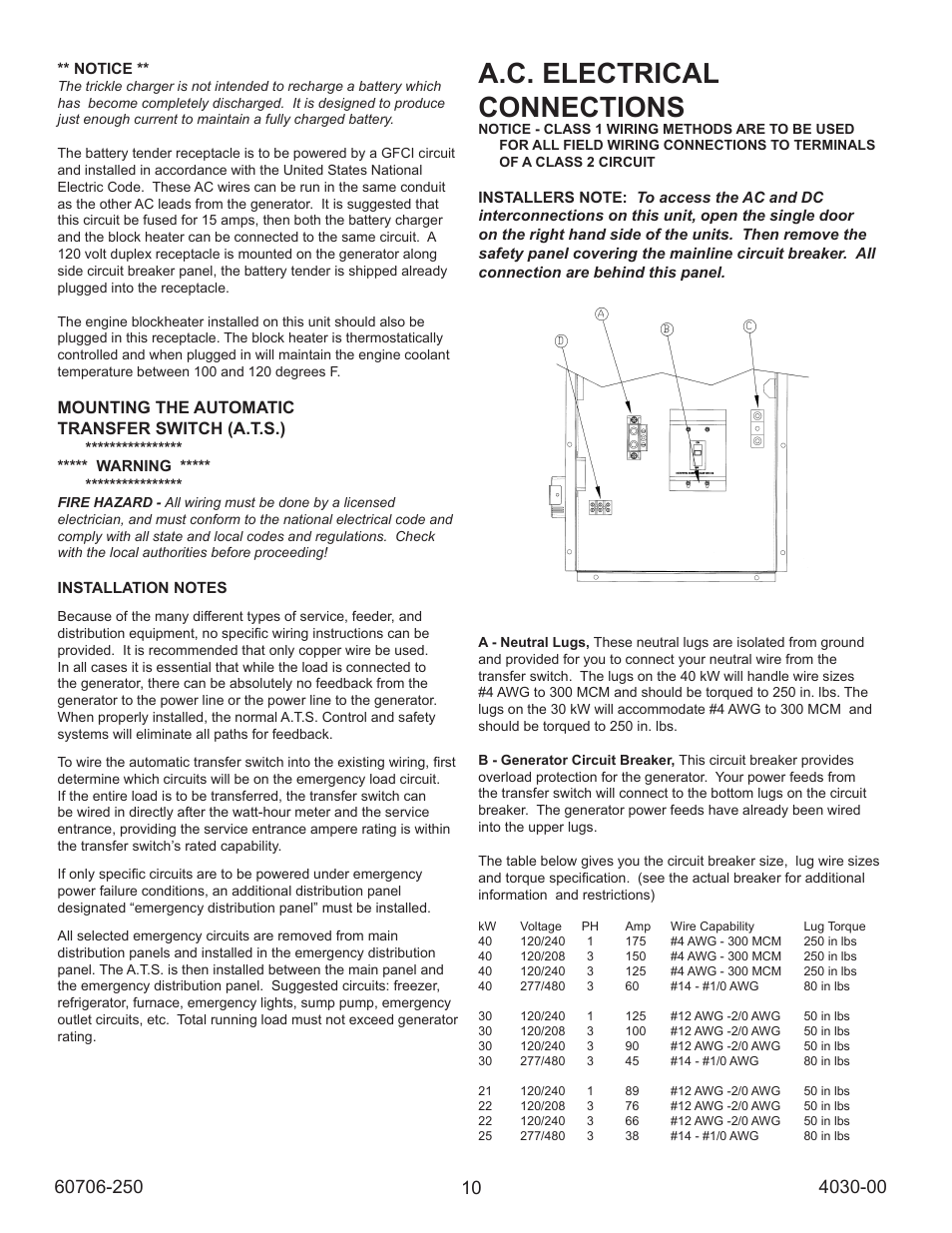 A.c. electrical connections, Mounting the automatic transfer switch (a.t.s.) | Winco ULPSS40/I WITH DSE 7310 ENGINE CONTROL (2014) User Manual | Page 10 / 24