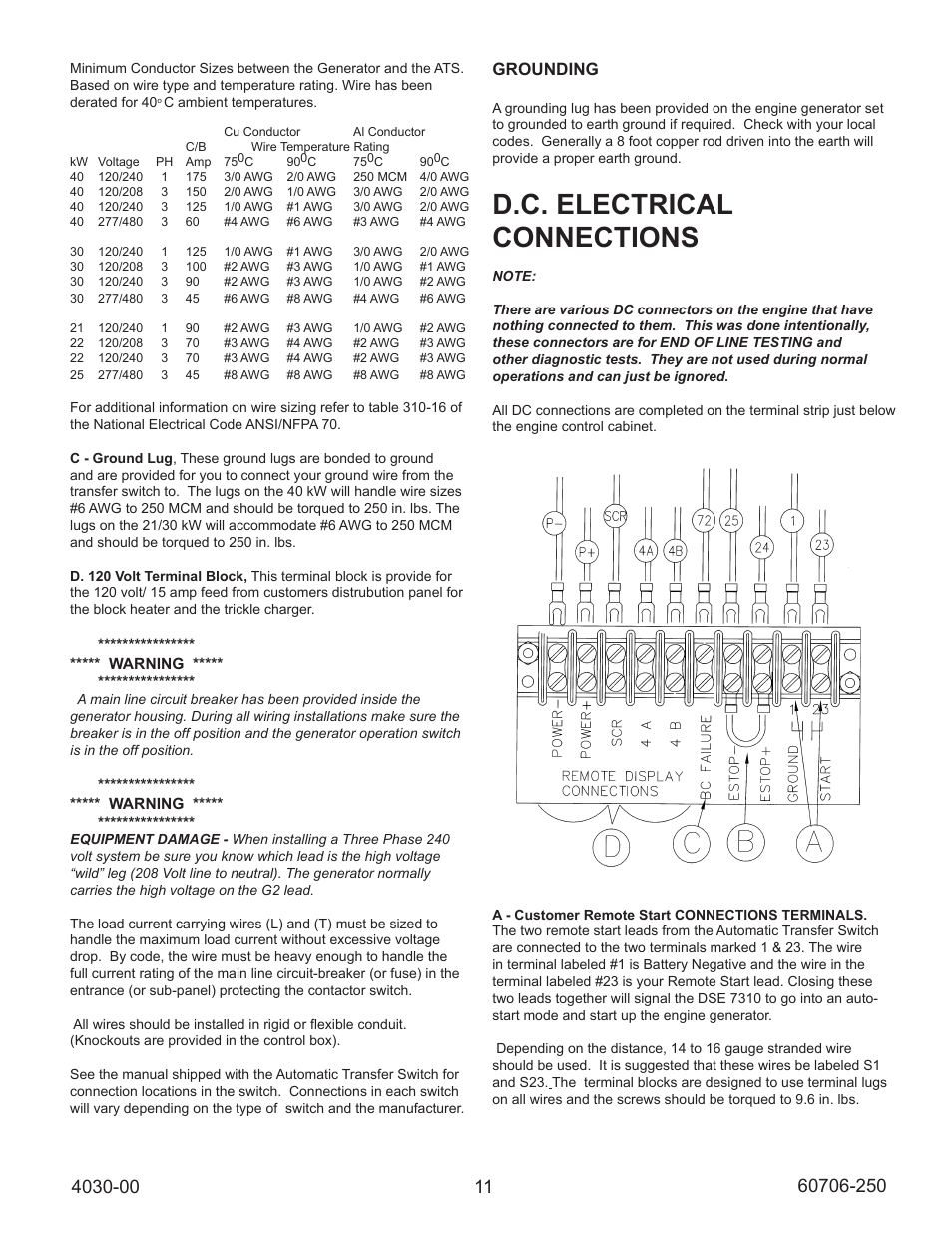 D.c. electrical connections, Grounding | Winco ULPSS40/I WITH DSE 7310 ENGINE CONTROL (2014) User Manual | Page 11 / 24