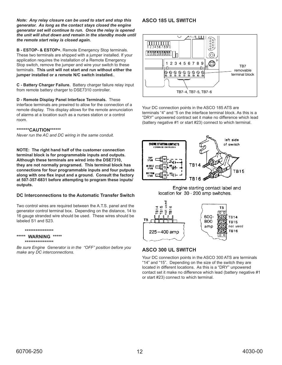 Controller, Table a. generator start connections, 4 --- settings | 5 --- automatic generator exerciser, Clock battery, Exercise with or without load, Table b. generator exercise settings | Winco ULPSS40/I WITH DSE 7310 ENGINE CONTROL (2014) User Manual | Page 12 / 24