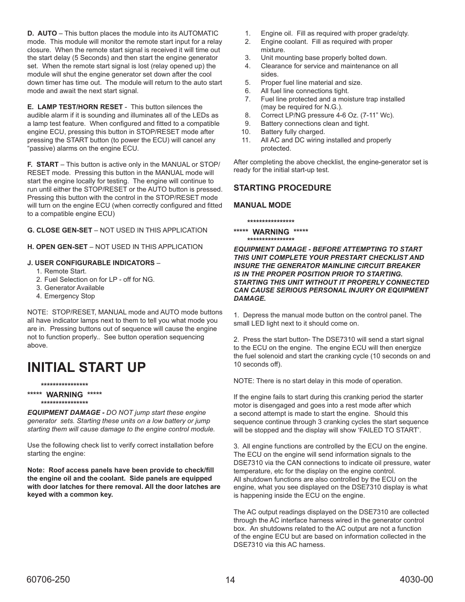 Initial start up | Winco ULPSS40/I WITH DSE 7310 ENGINE CONTROL (2014) User Manual | Page 14 / 24