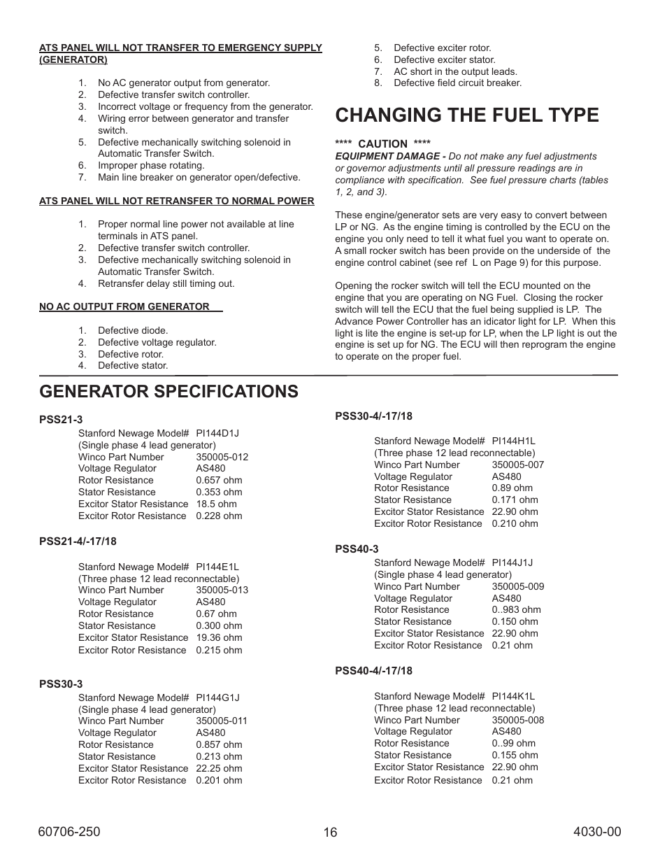 Changing the fuel type, Generator specifications | Winco ULPSS40/I WITH DSE 7310 ENGINE CONTROL (2014) User Manual | Page 16 / 24