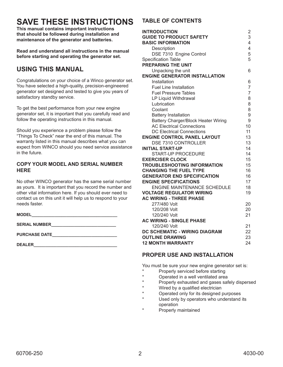 Save these instructions, Using this manual | Winco ULPSS40/I WITH DSE 7310 ENGINE CONTROL (2014) User Manual | Page 2 / 24