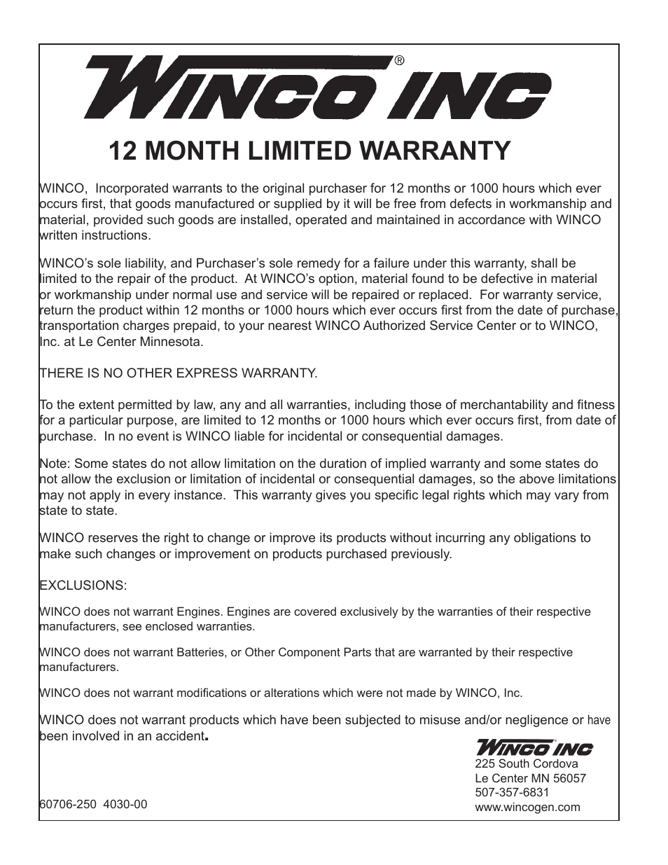 12 month limited warranty | Winco ULPSS40/I WITH DSE 7310 ENGINE CONTROL (2014) User Manual | Page 24 / 24