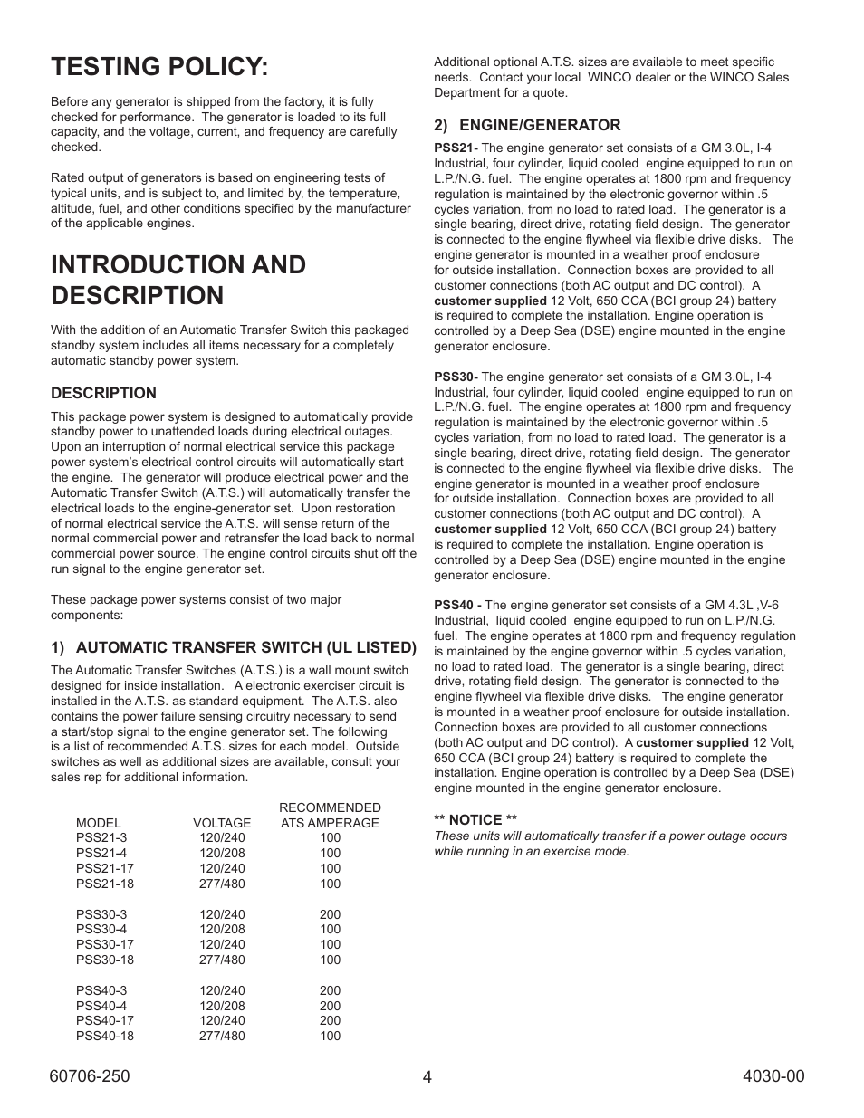 Testing policy, Introduction and description | Winco ULPSS40/I WITH DSE 7310 ENGINE CONTROL (2014) User Manual | Page 4 / 24