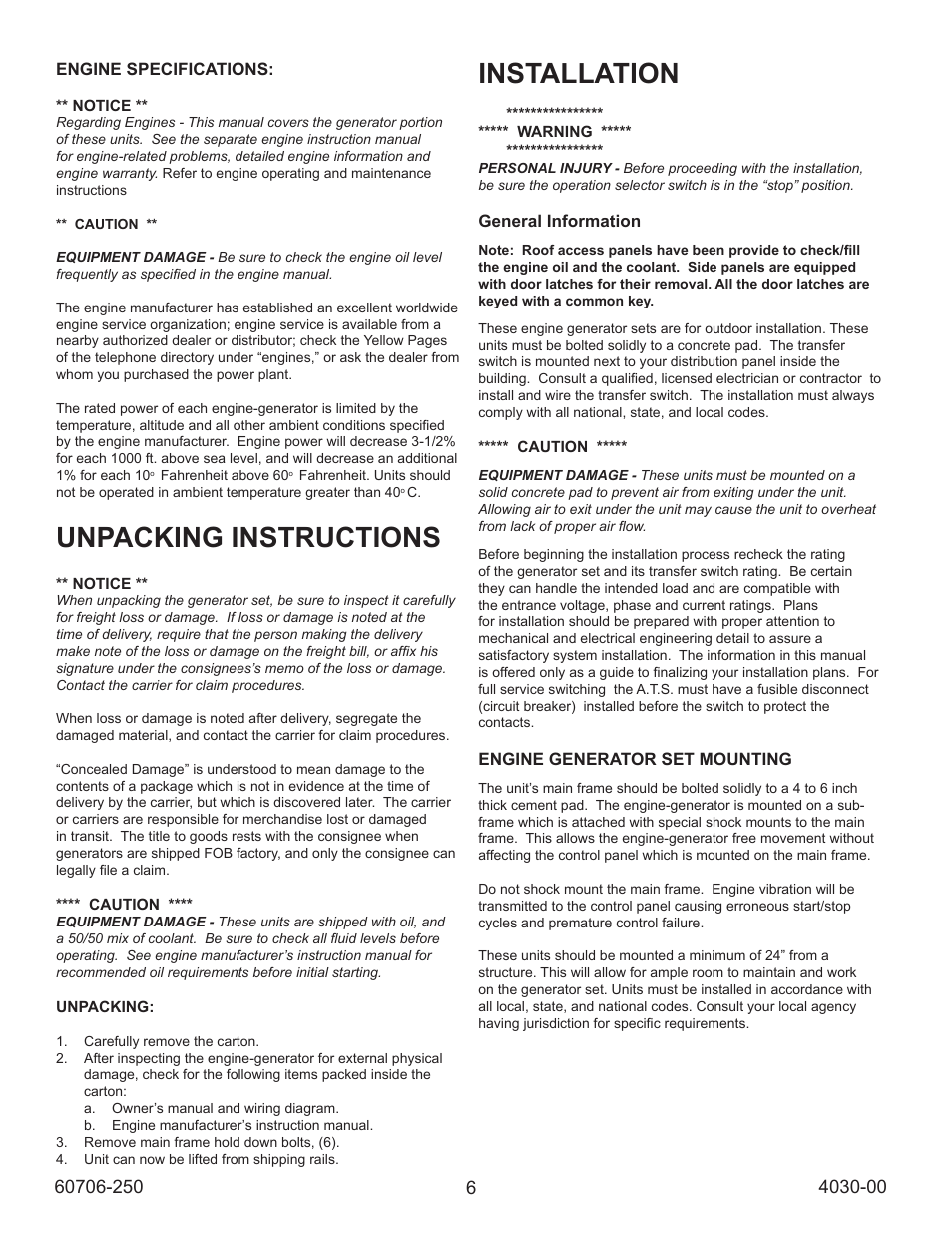 Unpacking instructions, Installation | Winco ULPSS40/I WITH DSE 7310 ENGINE CONTROL (2014) User Manual | Page 6 / 24