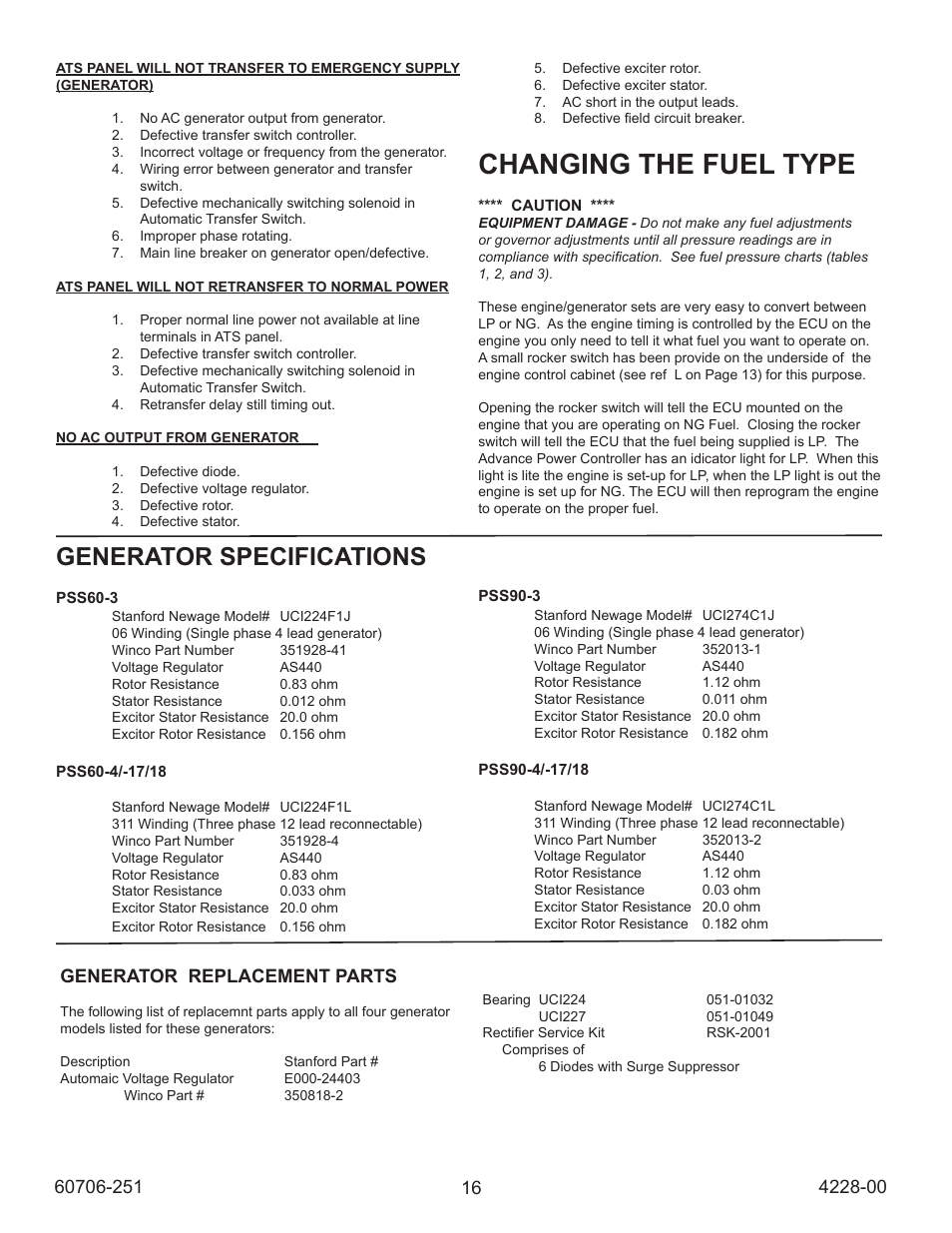 Changing the fuel type, Generator specifications, Generator replacement parts | Winco ULPSS90/D WITH DSE 7310 CONTROL (2014) User Manual | Page 16 / 24