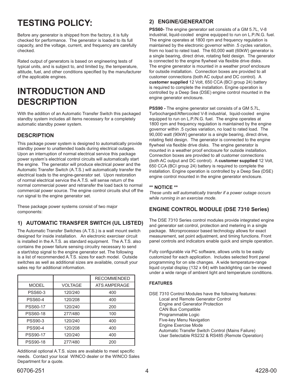 Testing policy, Introduction and description | Winco ULPSS90/D WITH DSE 7310 CONTROL (2014) User Manual | Page 4 / 24