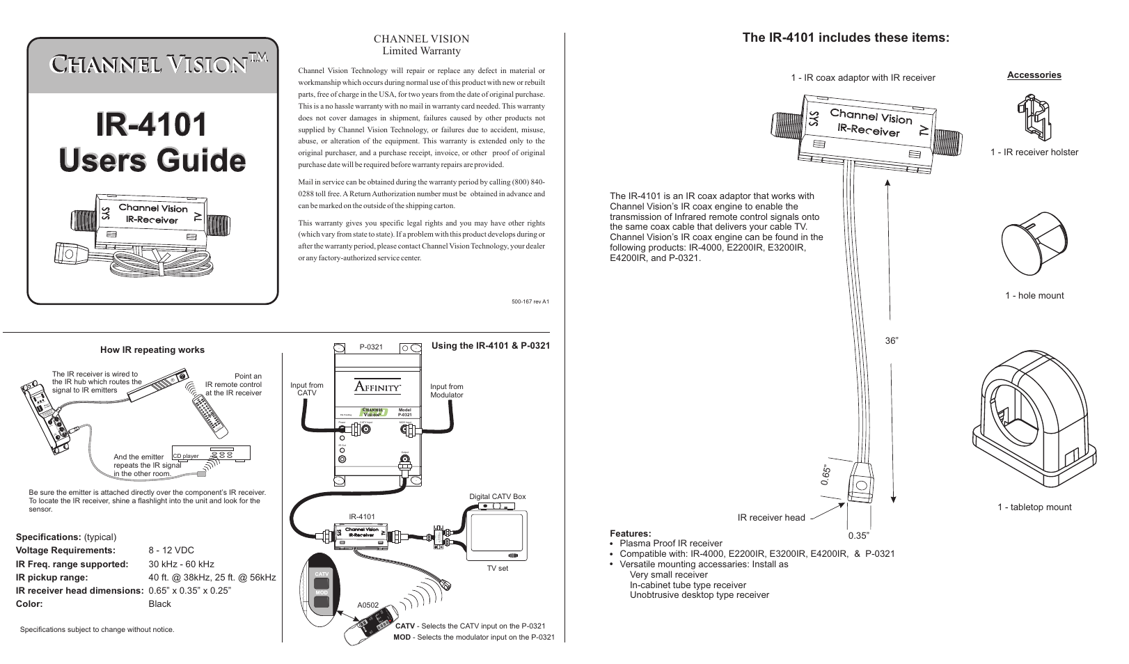 Channel Vision IR Reciever IR-4101 User Manual | 2 pages