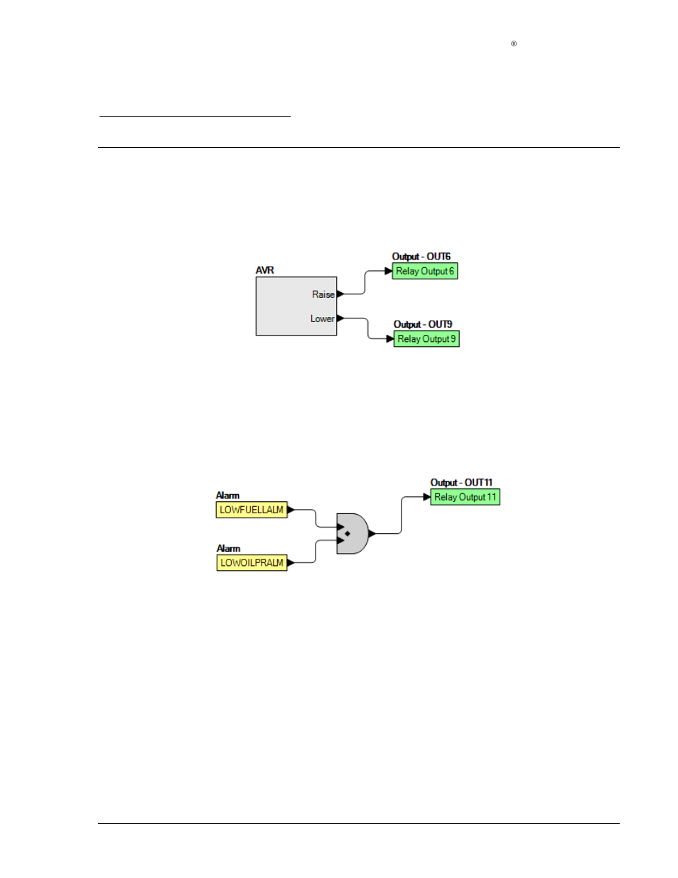 Clearing the on-screen logic diagram, Bestlogic+ examples, Example 1 - avr logic block connections | Example 2 - and gate connections, Example 3 - multiple logic connections, Clearing the on-screen logic diagram -11, Example 1 - avr logic block connections -11, Figure 5-6. example 2 - and gate connections | Winco DGC-2020 User Manual | Page 109 / 193