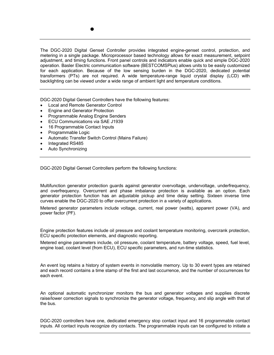 Description, Features, Functions | Generator protection and metering, Engine protection and metering, Event recording, Auto-synchronizer, Contact inputs and output contacts, Section 1, General information -1 | Winco DGC-2020 User Manual | Page 11 / 193